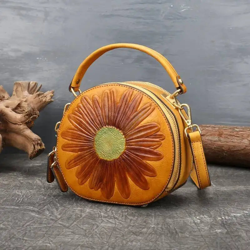 Luna Floral Vintage – mala redonda em pele genuína, cor amarelo