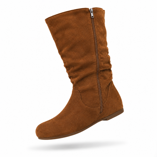2025 new autumn/winter women's pleated round-toe flat fashion boots, plus-size cross-border side-zip long boots