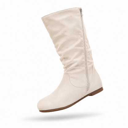 2025 new autumn/winter women's pleated round-toe flat fashion boots, plus-size cross-border side-zip long boots