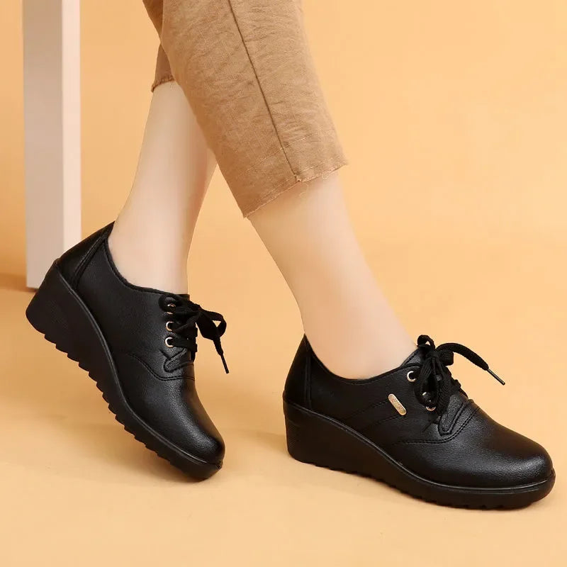 Women's Casual Lace-Up Platform Wedge Leather Sneakers