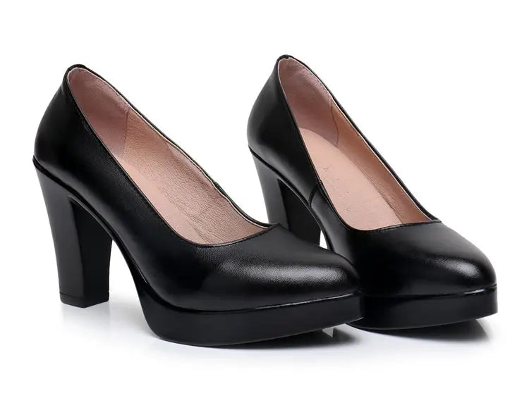 Sapatos Femininos Couro Genuíno Salto Alto Preto Plus Size
