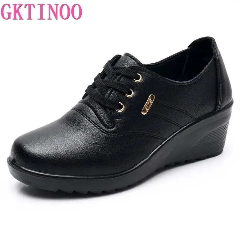 Women's Casual Lace-Up Platform Wedge Leather Sneakers