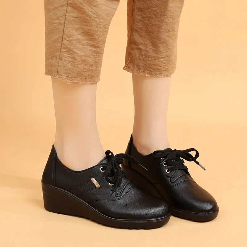 Women's Casual Lace-Up Platform Wedge Leather Sneakers