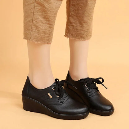 Women's Casual Lace-Up Platform Wedge Leather Sneakers