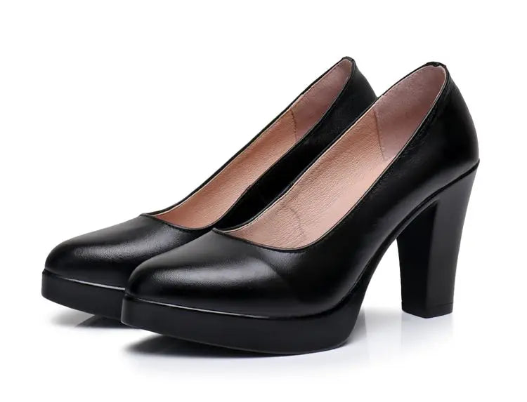 Sapatos Femininos Couro Genuíno Salto Alto Preto Plus Size