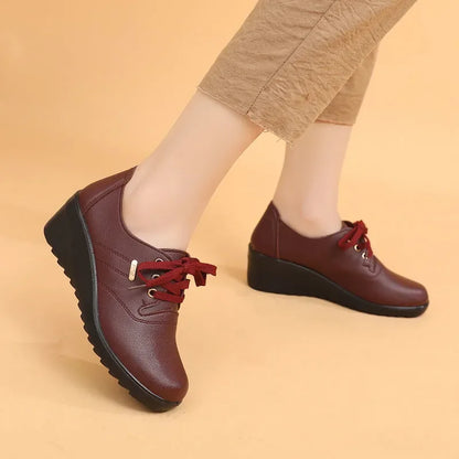Women's Casual Lace-Up Platform Wedge Leather Sneakers