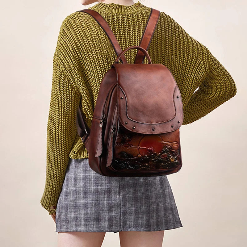 Mochila Floral Inês Vintage – Em Couro Genuíno Premium