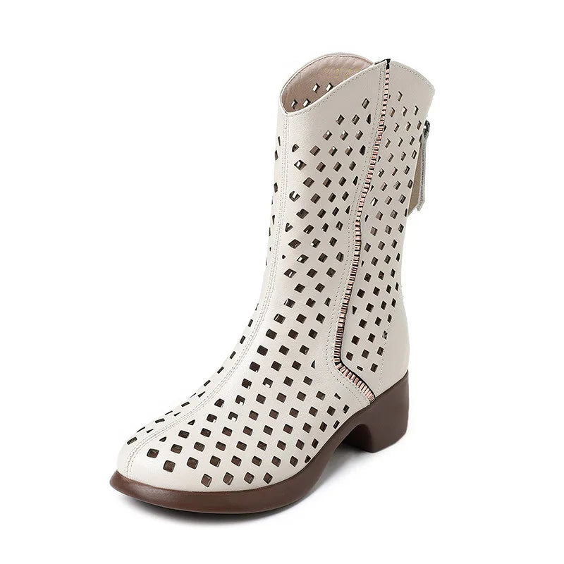 Women's Genuine Leather Cut-out Detail Mid-Calf Boots