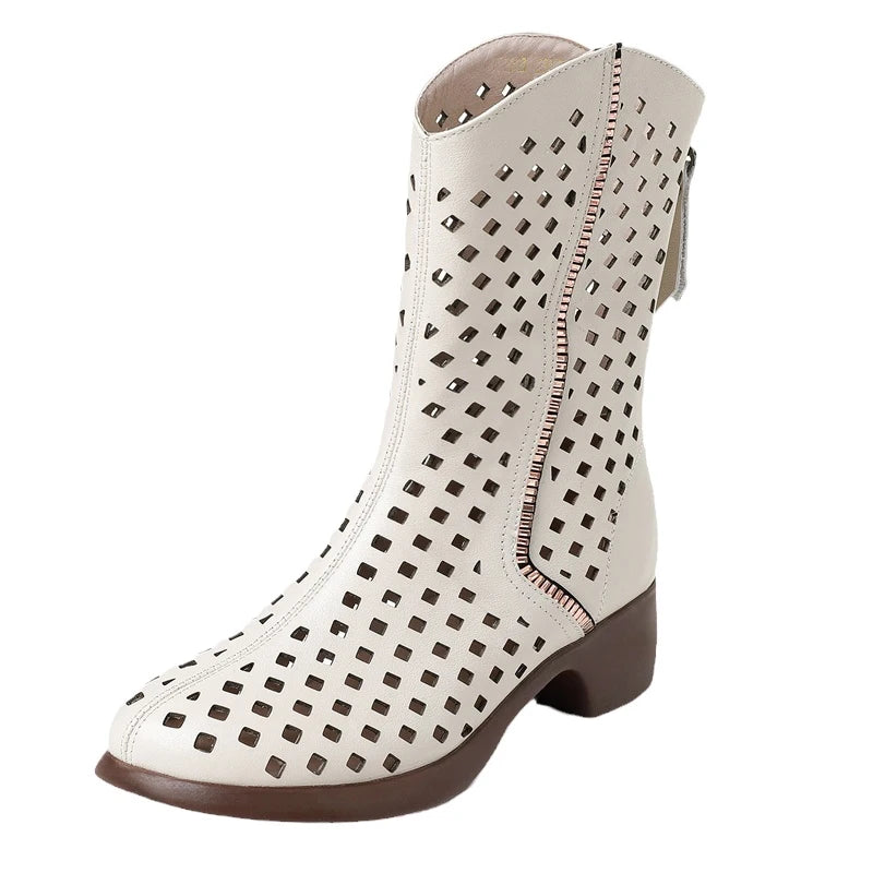 Women's Genuine Leather Cut-out Detail Mid-Calf Boots