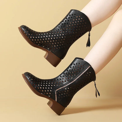 Women's Genuine Leather Cut-out Detail Mid-Calf Boots
