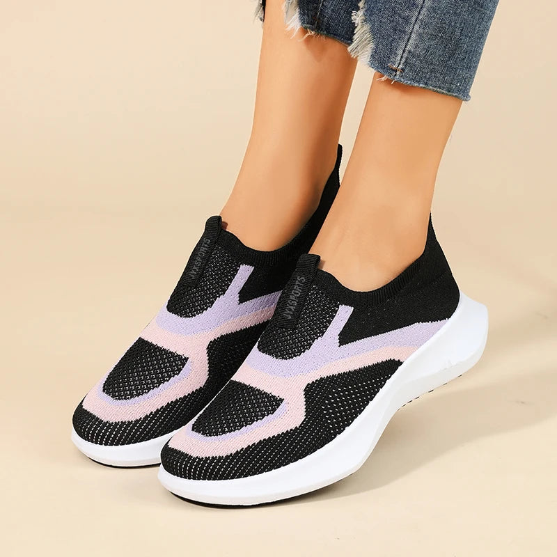 Minimalist stretch sock knit women's shoes, dual-tone curved jacquard side motif, wave-layered thick midsole, versatile travel flat