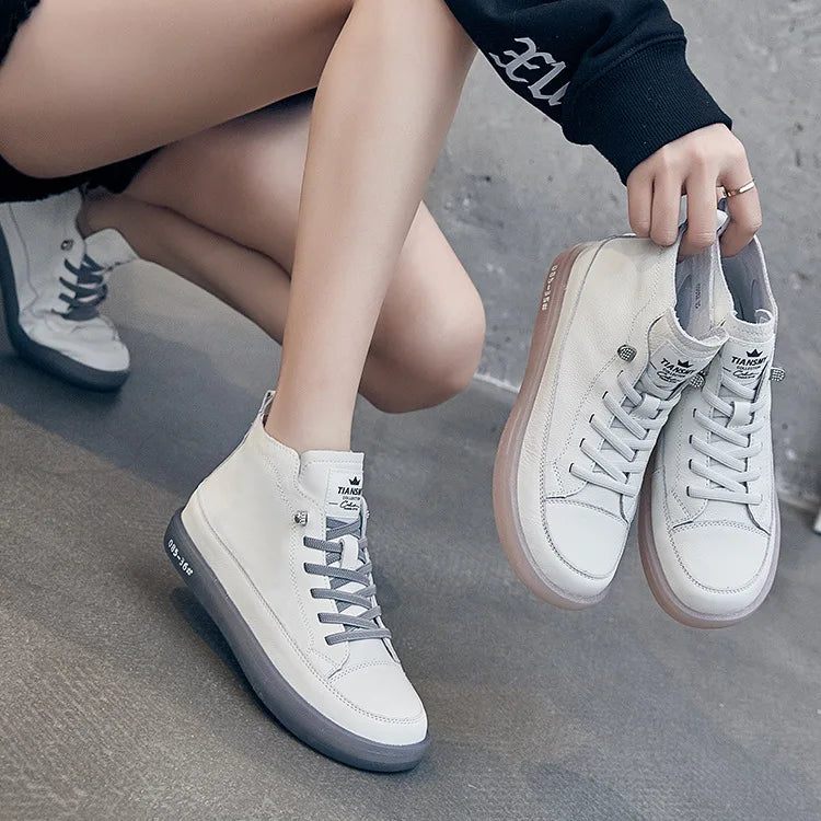 Women's Genuine Leather Lace-Up Sneakers