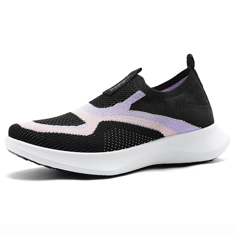 Minimalist stretch sock knit women's shoes, dual-tone curved jacquard side motif, wave-layered thick midsole, versatile travel flat
