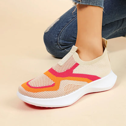 Minimalist stretch sock knit women's shoes, dual-tone curved jacquard side motif, wave-layered thick midsole, versatile travel flat