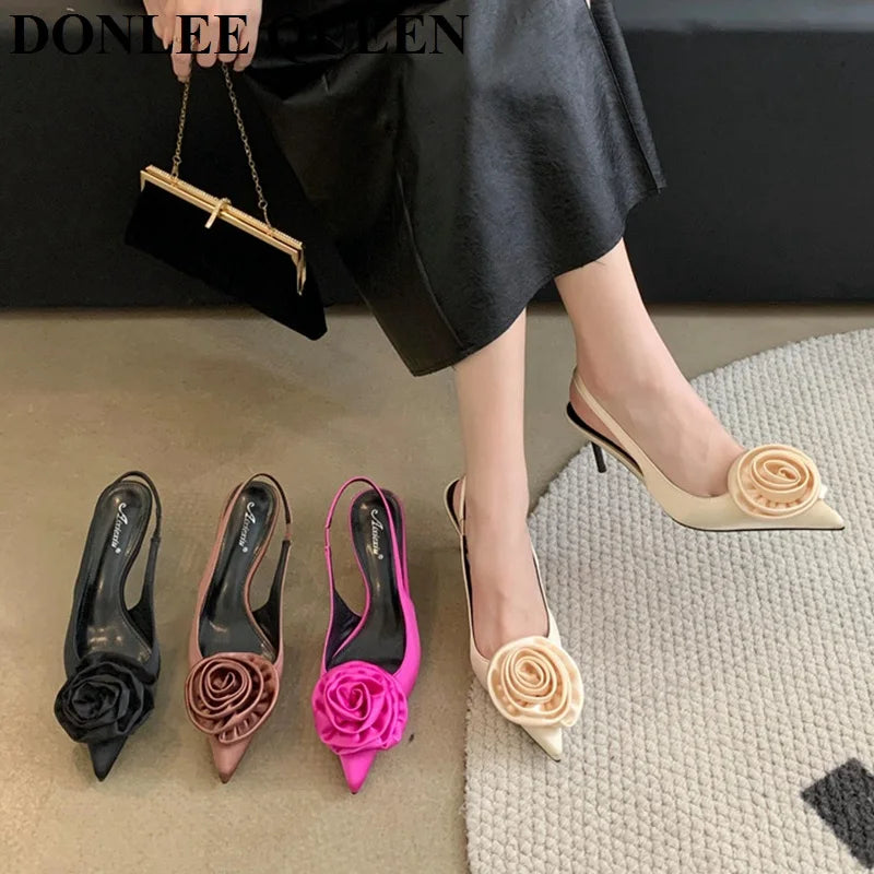 Sapatos Elegantes Flor de Cetim – Salto Fino