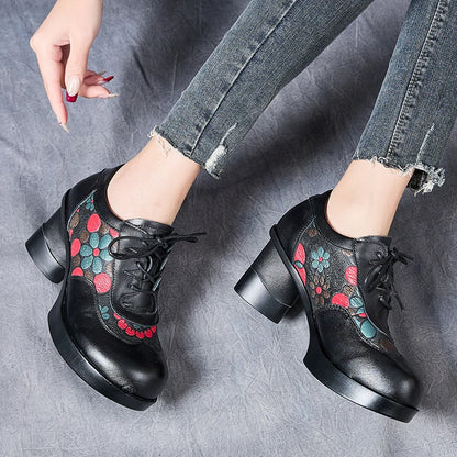 GKTINOO Sapatos Femininos Salto Alto Couro Floral LaceUp