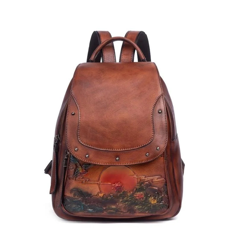 Mochila Floral Inês Vintage – Em Couro Genuíno Premium