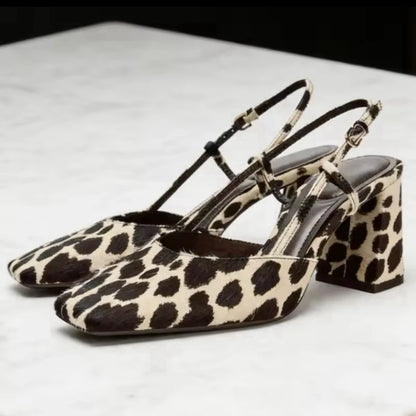 Savannah Luxe - Sandálias Slingback Leopardo de Salto Bloco