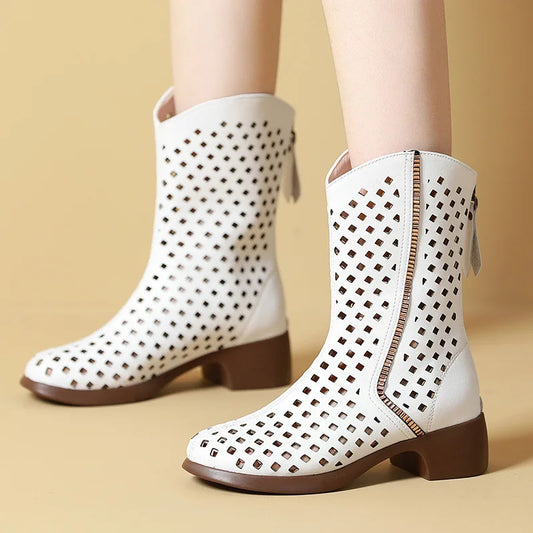 Bottes pour femmes en cuir véritable avec détails ajourés, longueur mi-mollet