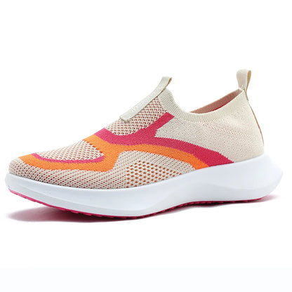 Minimalist stretch sock knit women's shoes, dual-tone curved jacquard side motif, wave-layered thick midsole, versatile travel flat